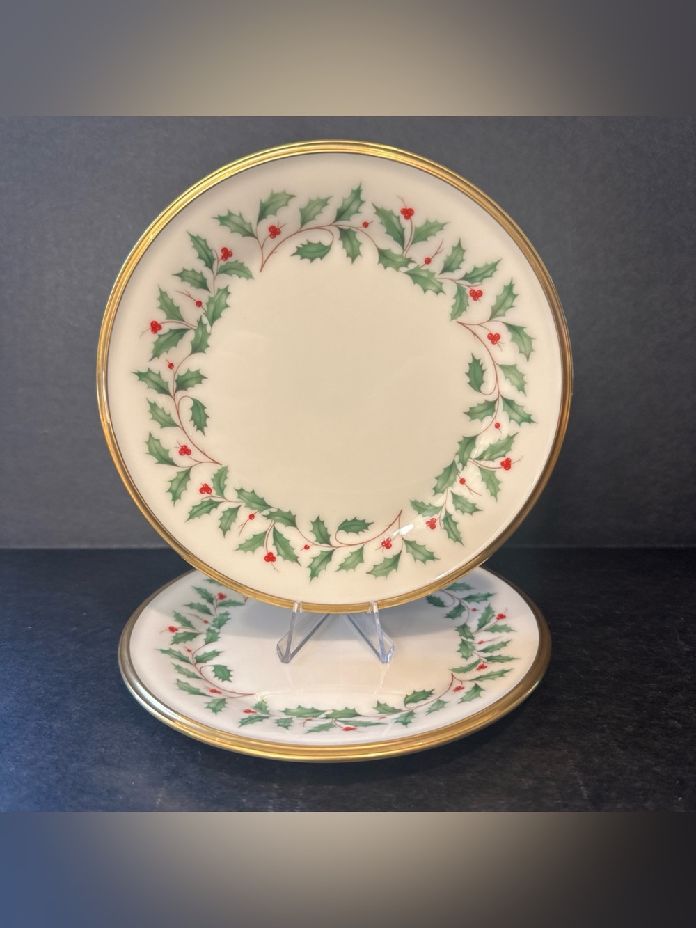 Vintage Lenox Bread Butter Plates Set 2 Holiday Dimension 6 3/8" Christmas Holly